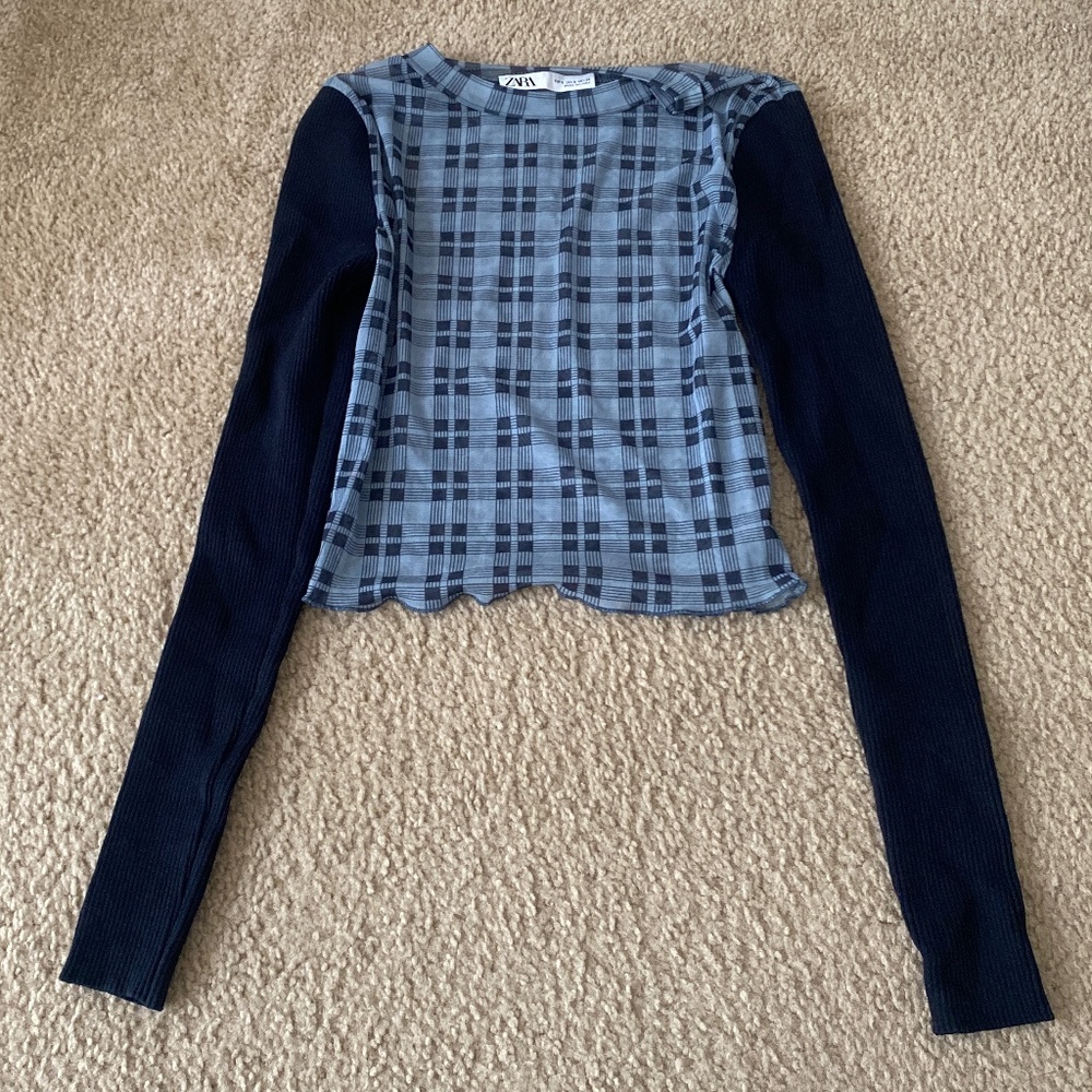 Zara Blue Plaid Mesh Top